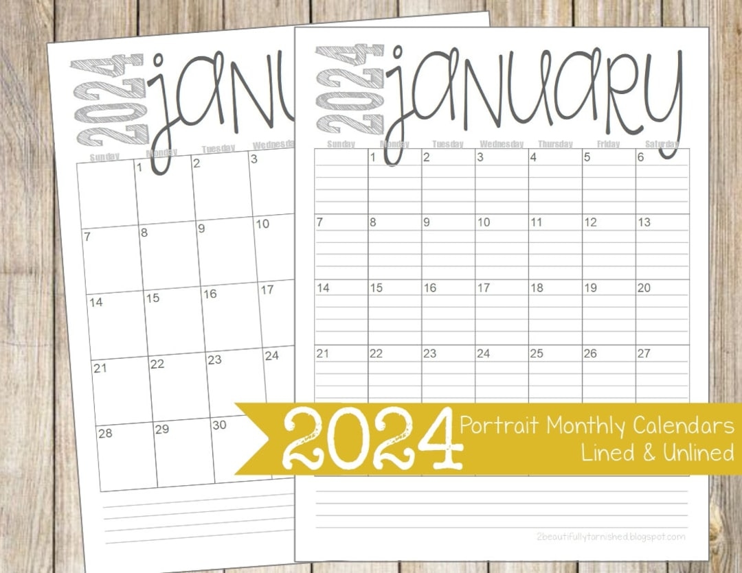 2024 Lined Unlined Monthly Calendars PORTRAIT 8 5x11 Jan Dec - Free Printable 8.5x11 2024 Calendar