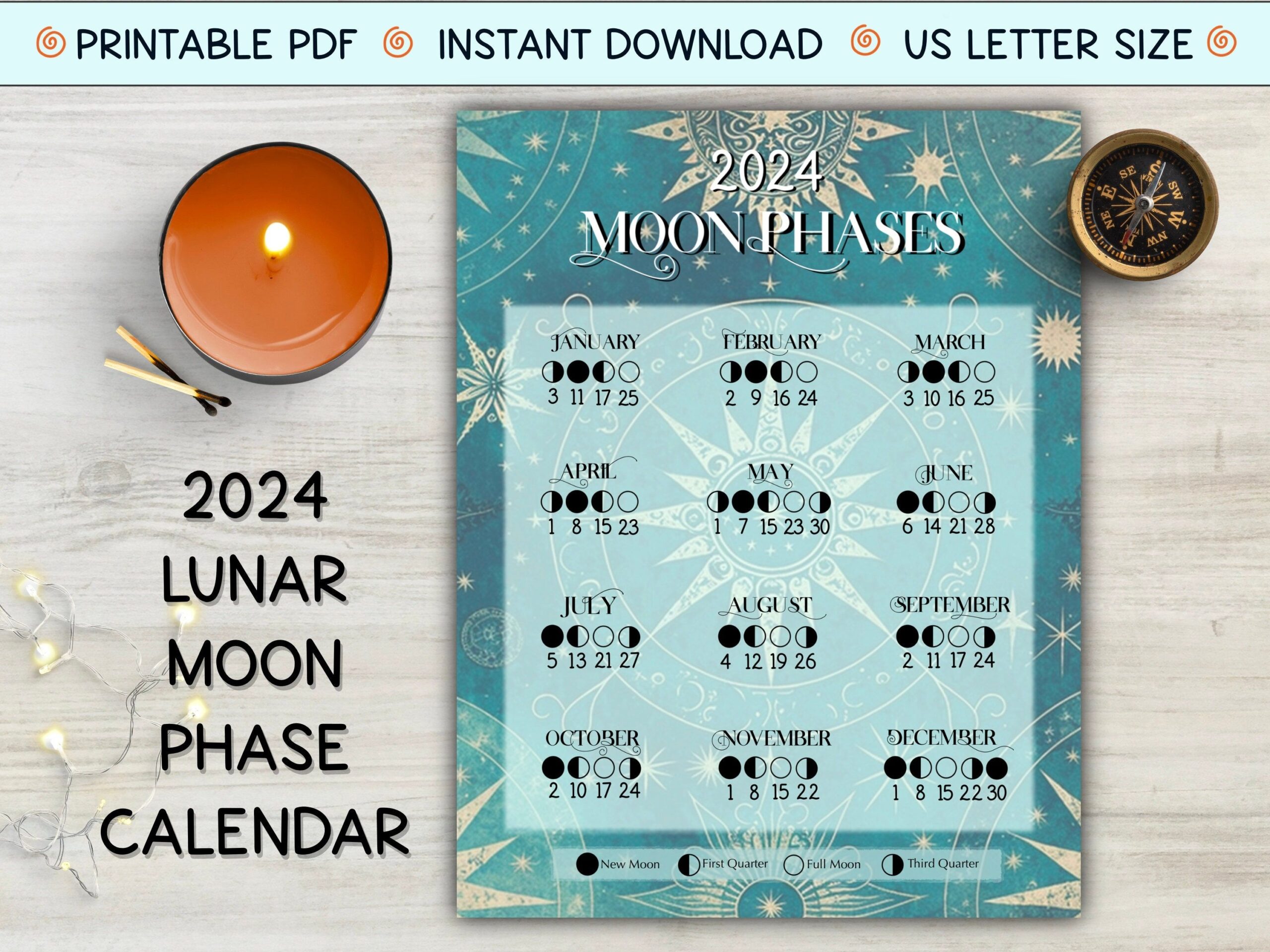 2024 Lunar Calendar, Moon Phases Calendar, Instant Download regarding Free Printable August Lunar Calendar 2024