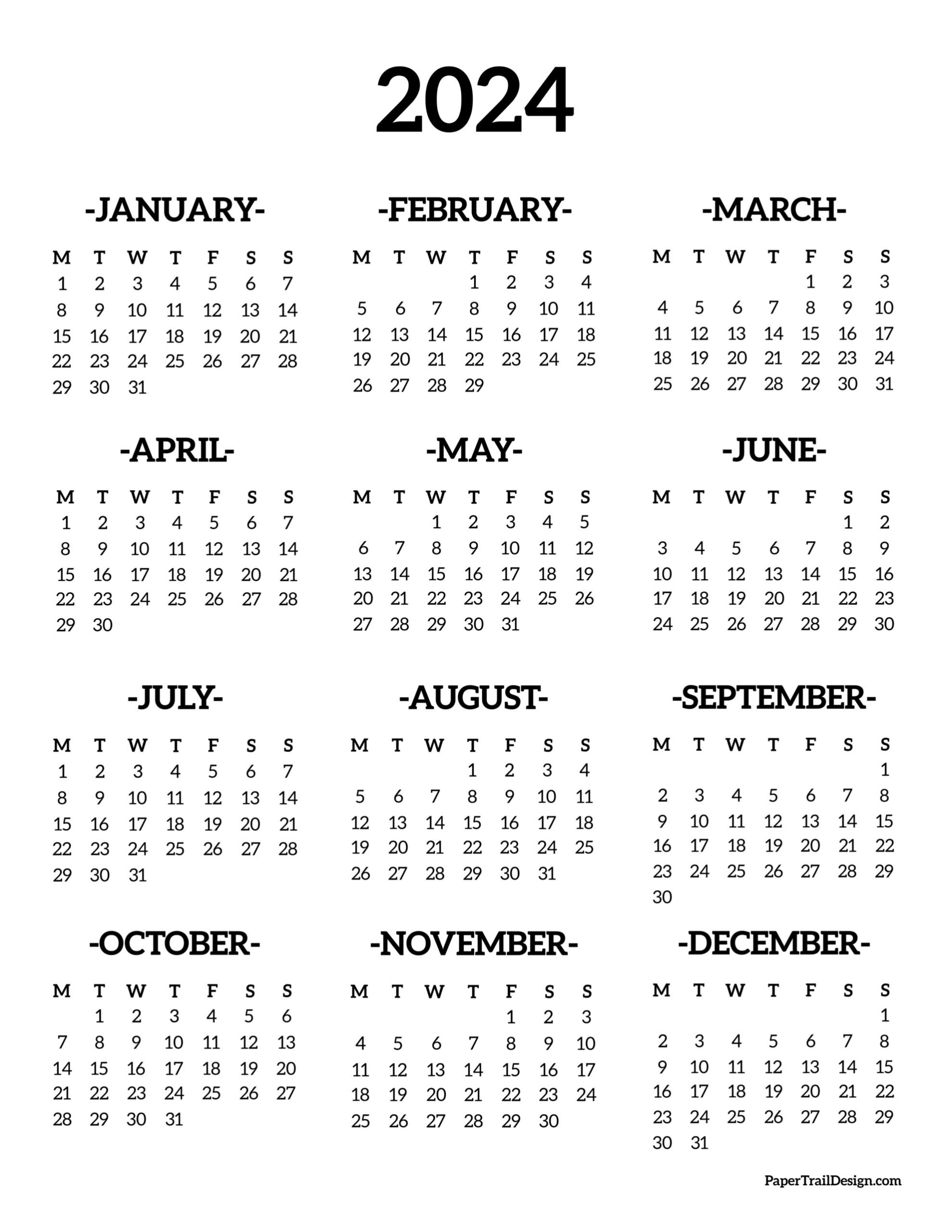2024 Monday Start Calendar - One Page - Paper Trail Design in Free Printable Calendar 2024 Monday Star