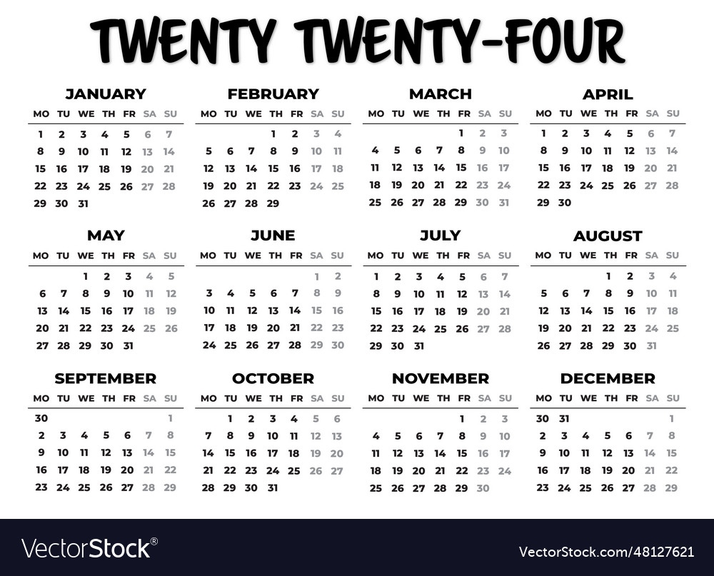 2024 Monday Start Landscape Black White Calendar Vector Image inside Free Printable Black And White Calendar 2024