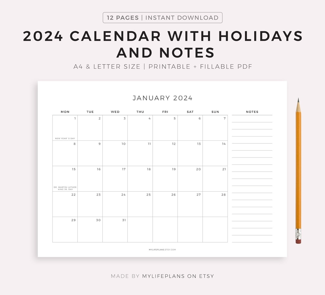 2024 Monthly Calendar With Holidays &amp;amp; Notes, Printable Calendar with Free Printable Calendar 2024 By Month With Holidays