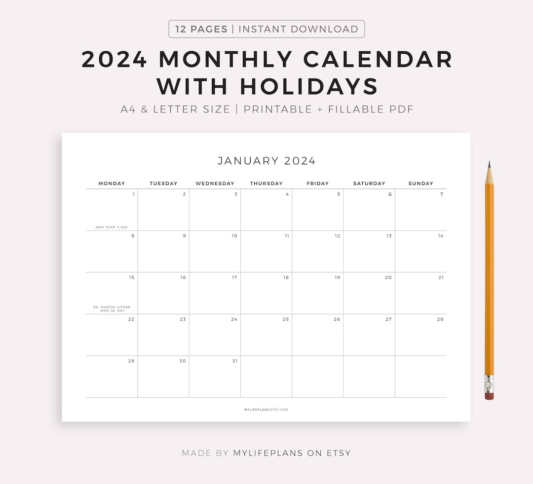 2024 Monthly Calendar With Holidays, Printable Calendar Template in Free Printable Blank 2024 Calendar With Holidays