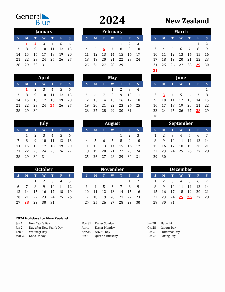 2024 New Zealand Holiday Calendar regarding Free Printable Calendar 2024 Nz With Public Holidays