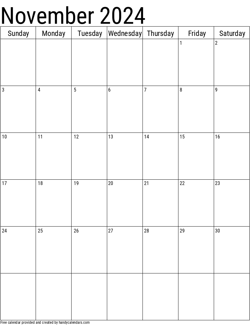 2024 November Calendars Handy Calendars - Free Printable 2024 Monthly Calendar November