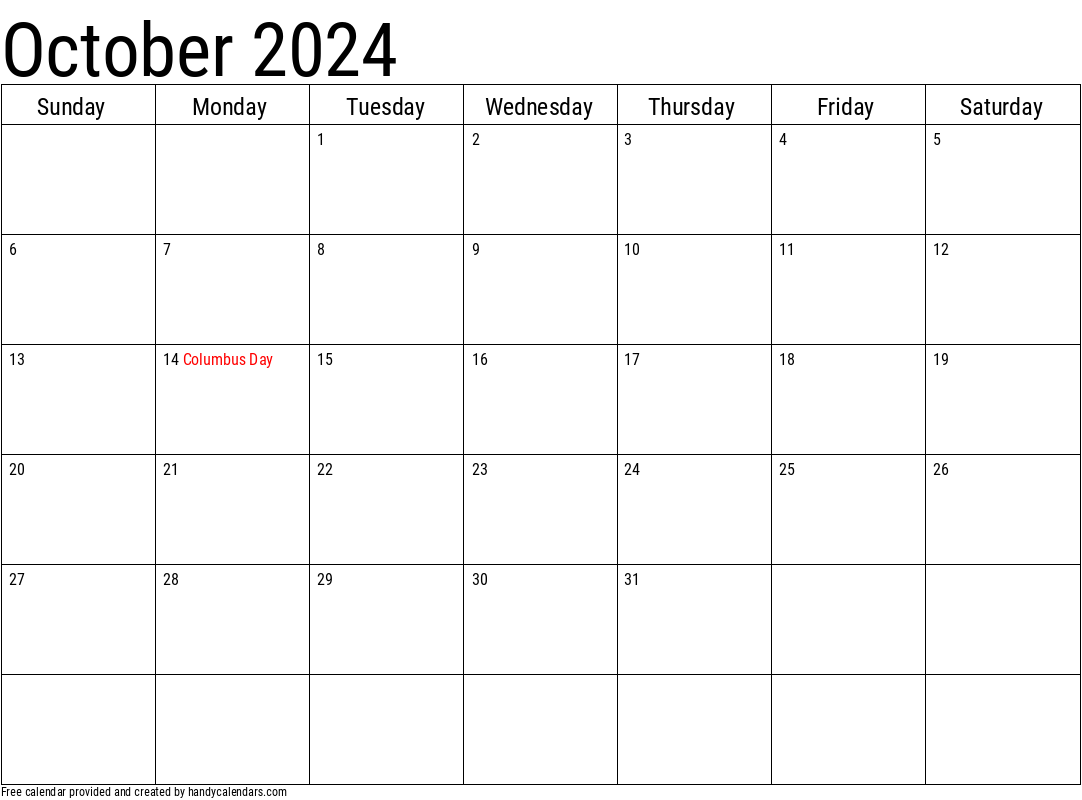 2024 October Calendars Handy Calendars - Free Printable 2024 Monthly Calendar October