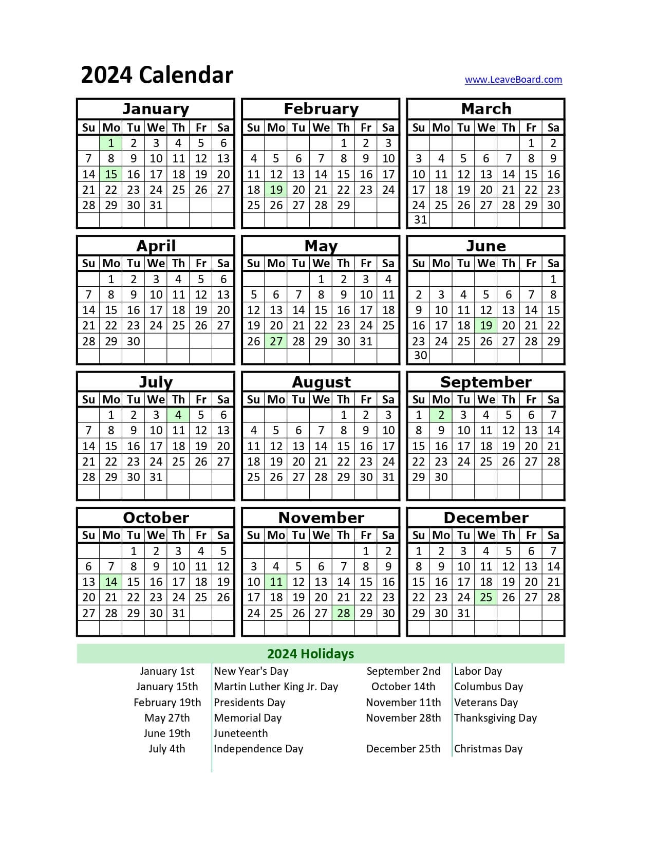 2024 Palendar Printable: Pdf, Excel, With Holidays (Free Download pertaining to Free Printable Blank 2024 Calendar Pdf
