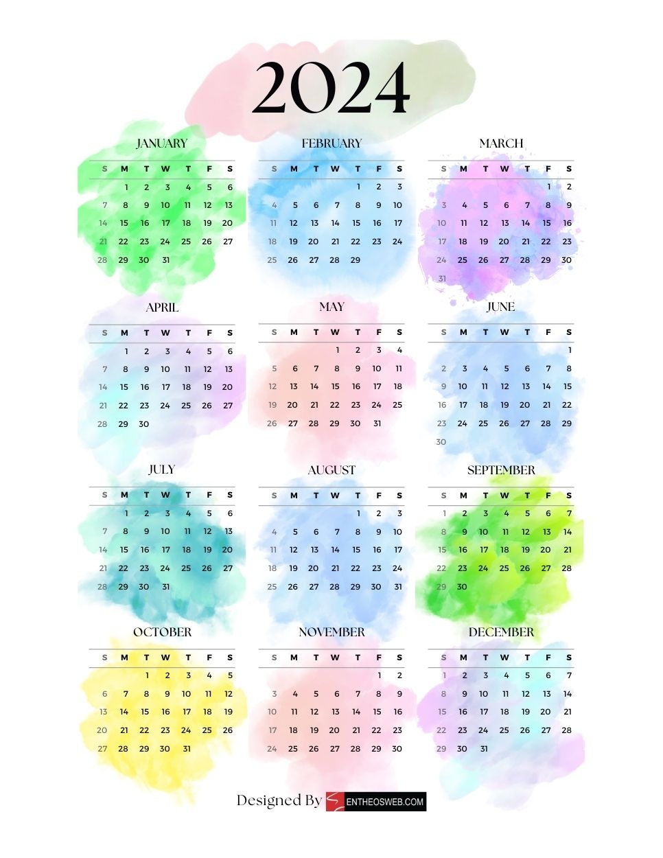 2024 Pdf Calendars – Free Printable Pdf Downloads | Entheosweb intended for Free Printable Calendar 2024 Colorful