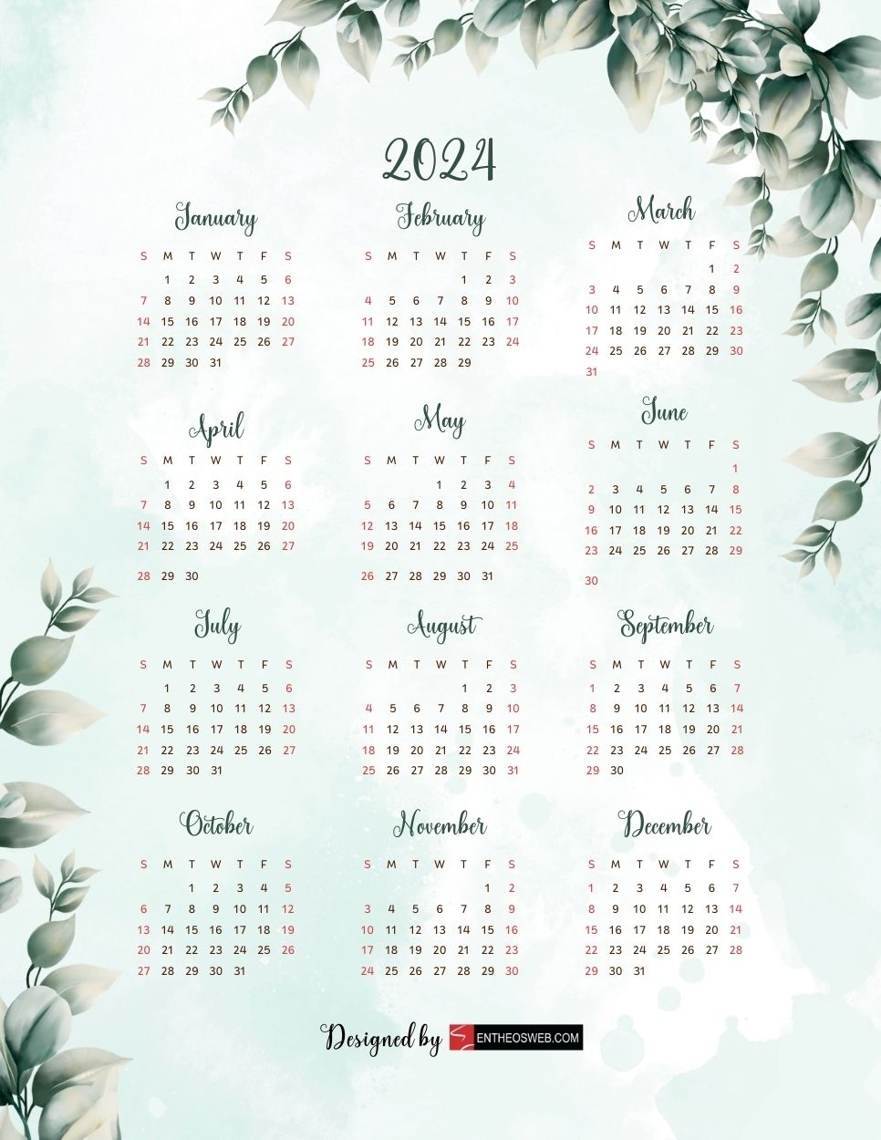 2024 Pdf Calendars – Free Printable Pdf Downloads | Entheosweb intended for Free Printable Calendar 2024 In Designs