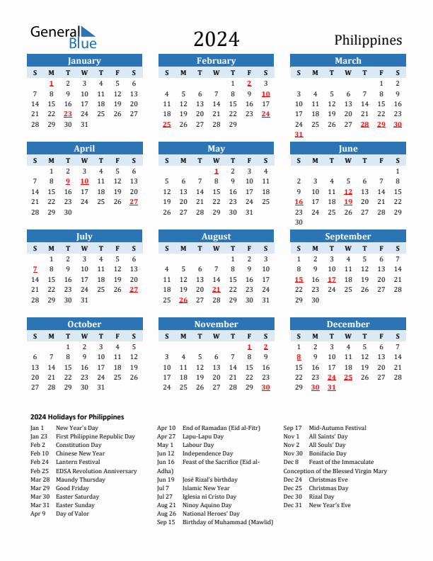 2024 Philippines Calendar With Holidays - Free Printable 2024 Calendar With Holidays Philippines