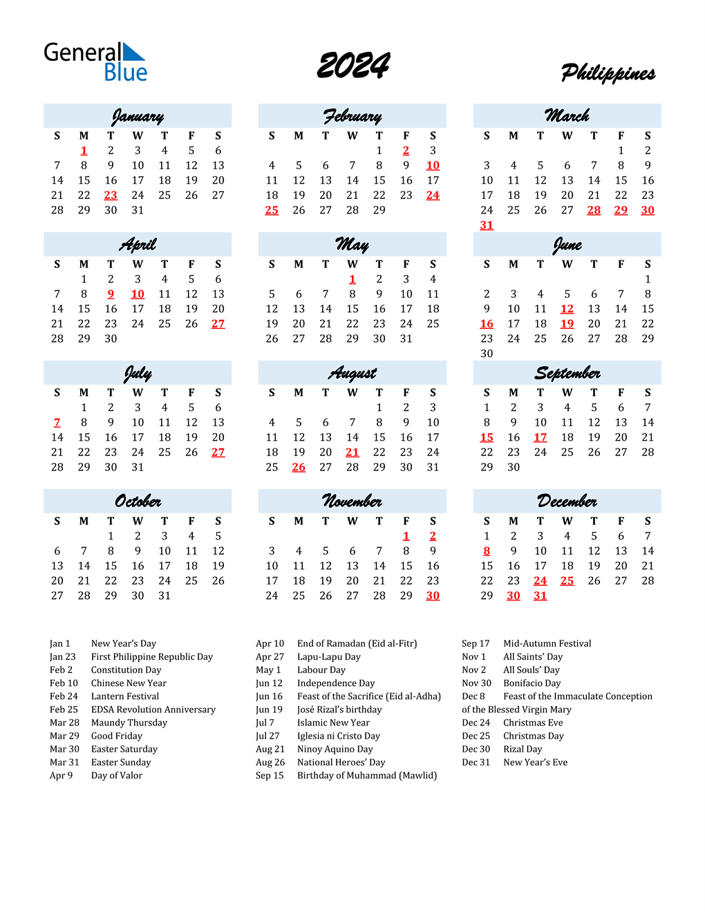 2024 Philippines Calendar With Holidays | Free Printable 2024 Calendar With Holidays Philippines