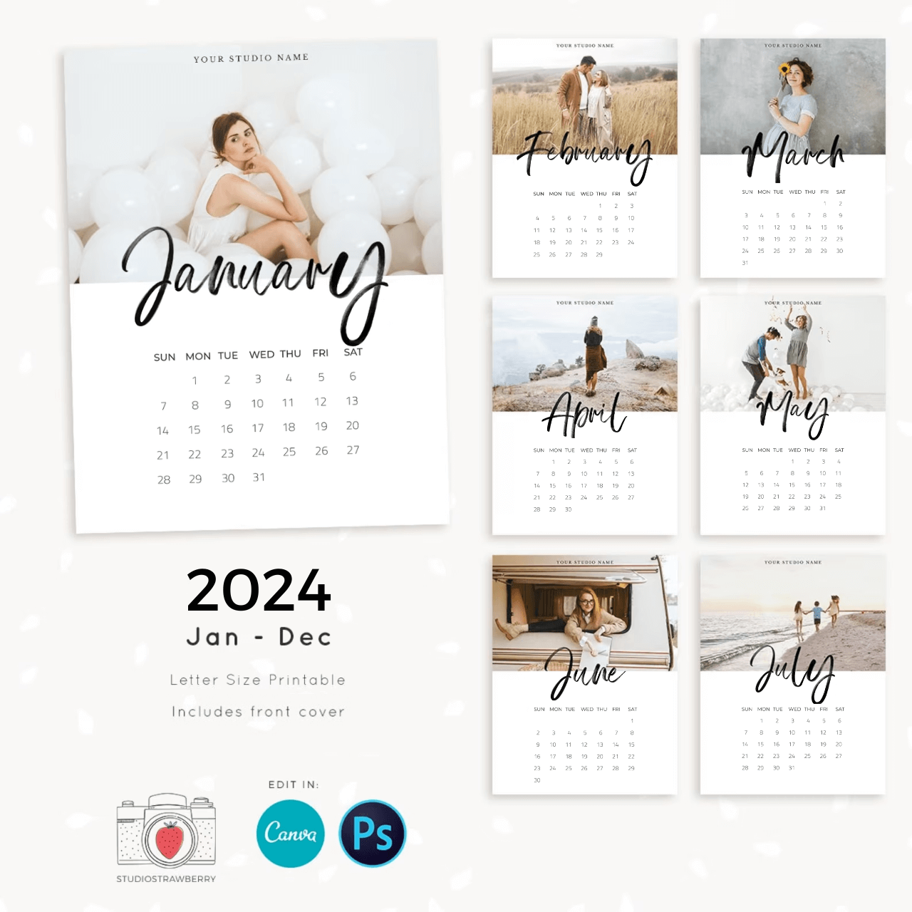 2024 Photo Calendar Template For Canva &amp;amp; Photoshop – Strawberry Kit pertaining to Free Printable And Editable Calendar 2024