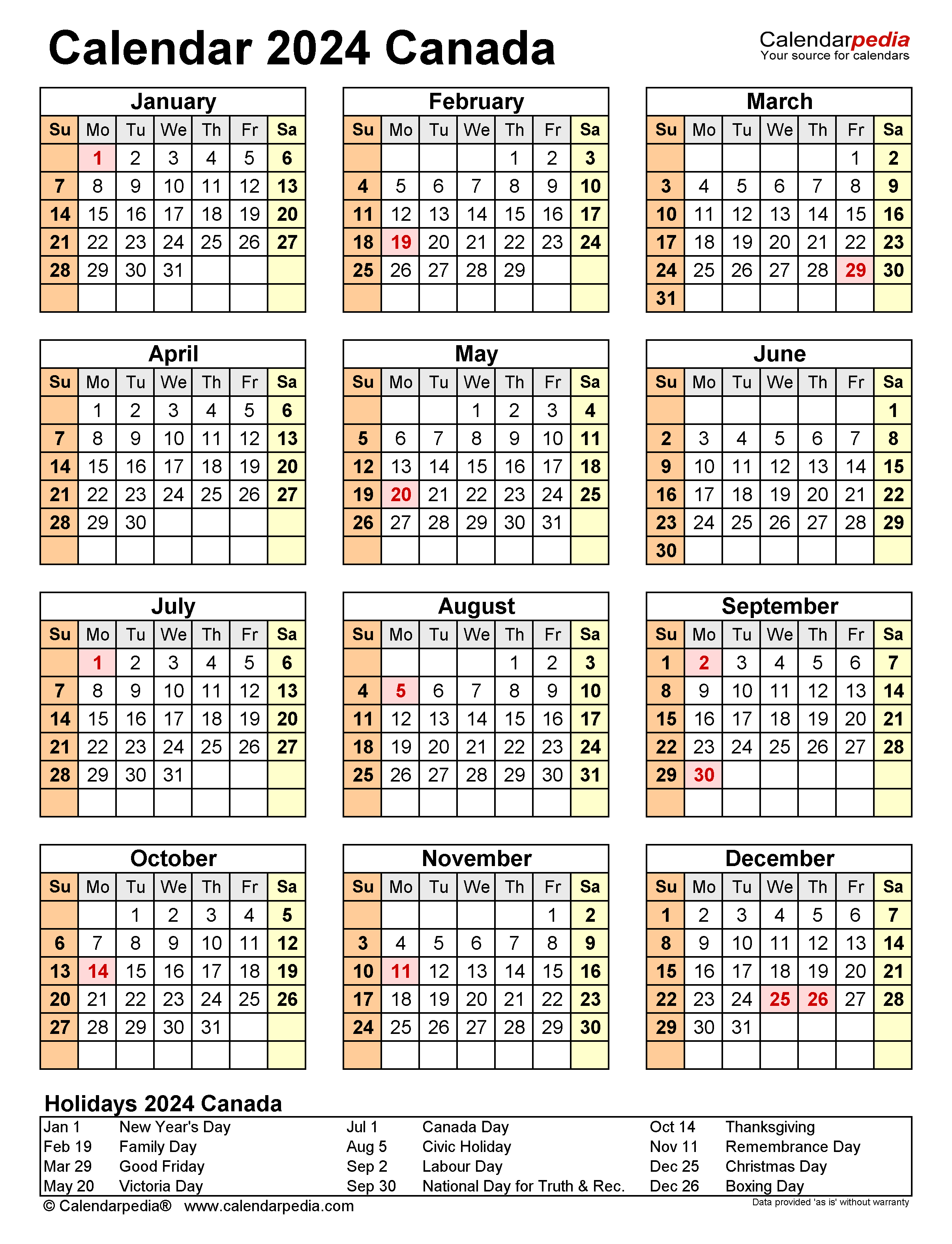 2024 Printable Calendar One Page With Holidays - Free Printable 2024 Calendar With Holidays Canada Excel