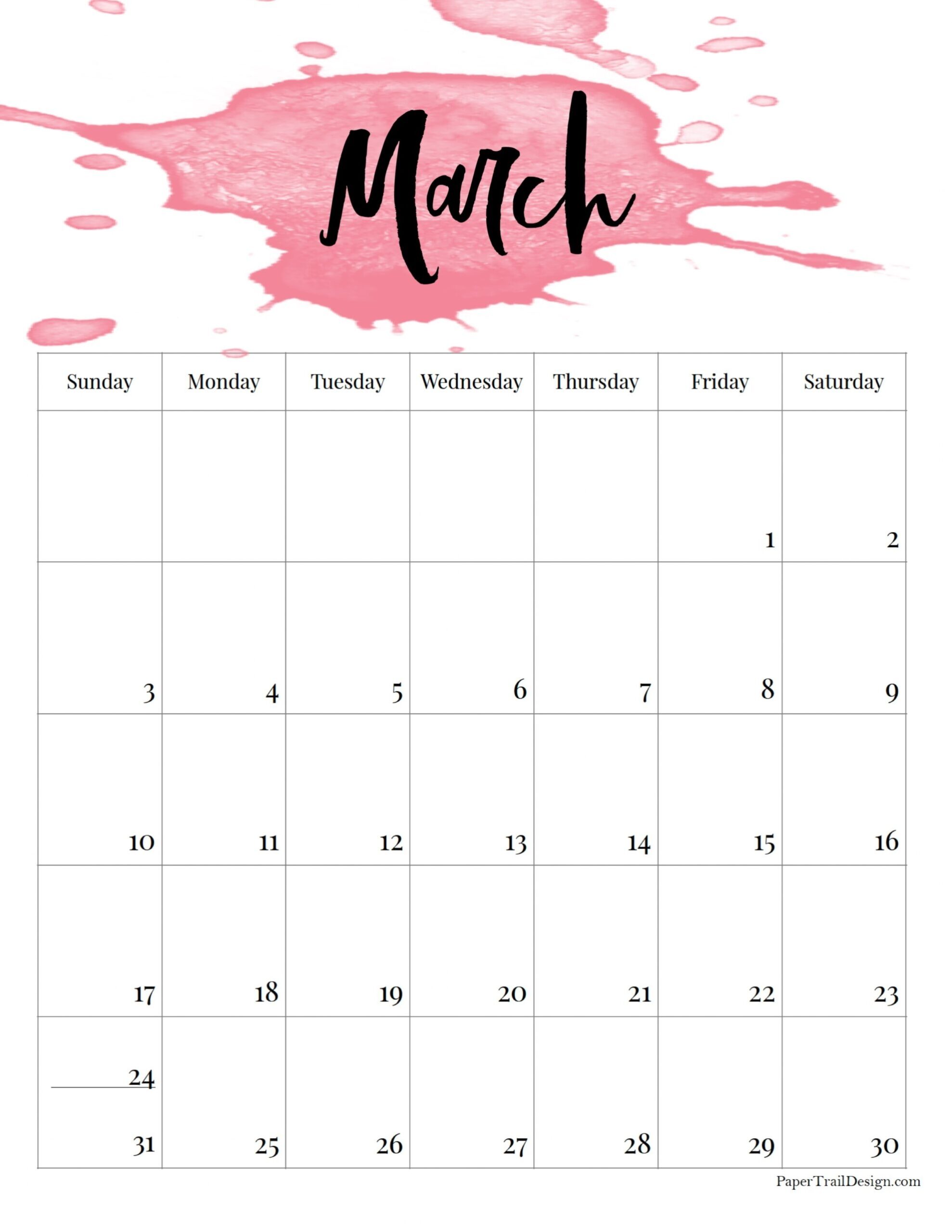 2024 Printable Calendar – Watercolor - Paper Trail Design in Free Printable Calendar 2024 Watercolor