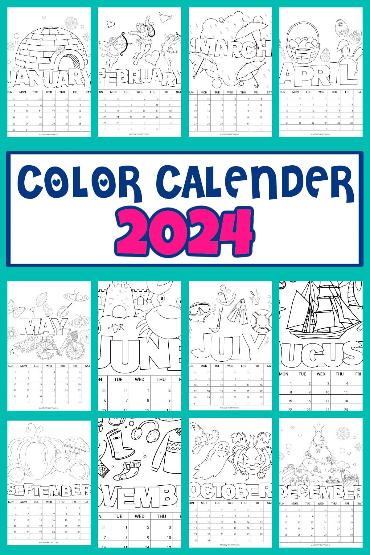 2024 Printable Coloring Calendar For Kids - Made With Happy for Free Printable Calendar 2024 For Kids