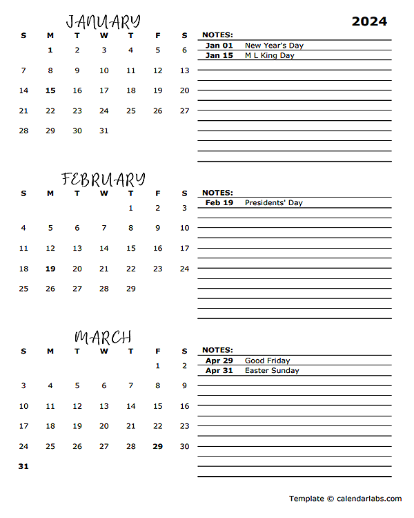 2024 Quarterly Portrait Calendar Template Free Printable Templates - Free Printable 2024 Quarterly Calendar