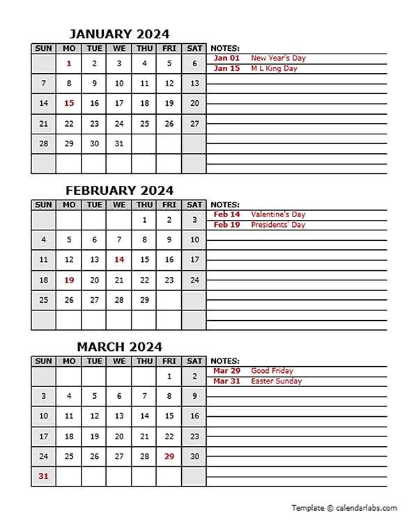 2024 Quarterly Word Calendar With Holidays Free Printable Templates | Free Printable 2024 Quarterly Calendar With Holidays