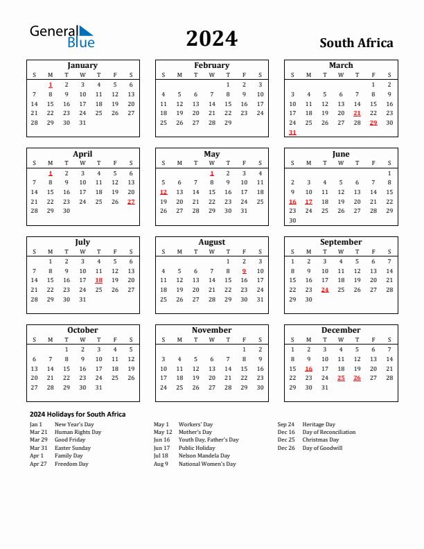2024 South Africa Calendar With Holidays | Free Printable 2024 Calendar With Public Holidays South Africa