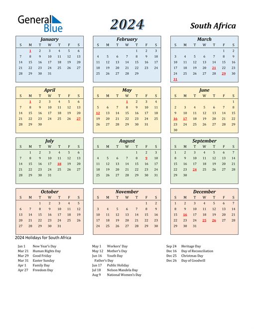 2024 South Africa Calendar With Holidays - Free Printable 2024 Calendar With Public Holidays South Africa