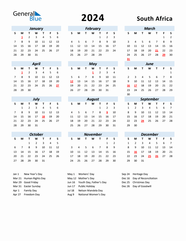 2024 South Africa Calendar With Holidays - Free Printable 2024 Calendar With Public Holidays South Africa