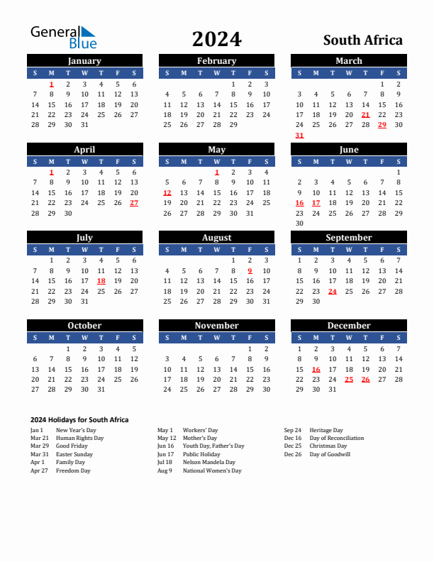2024 South Africa Calendar With Holidays - Free Printable 2024 Calendar With Holidays South Africa