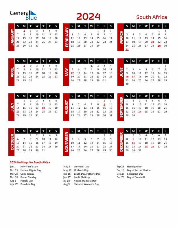 2024 South Africa Calendar With Holidays - Free Printable 2024 Monthly Calendar With Holidays South Africa