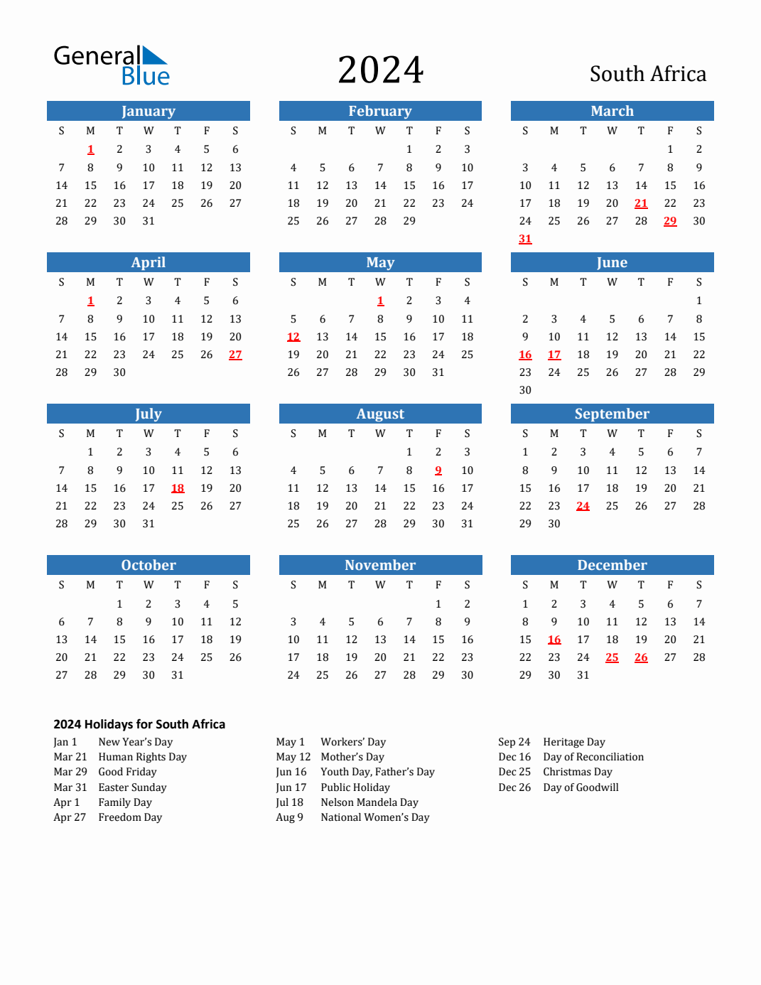 2024 South Africa Calendar With Holidays pertaining to Free Printable Calendar 2024 South Africa