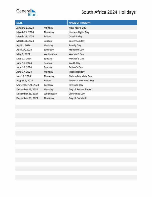 2024 South Africa List Of Holidays In PDF Word And Excel - Free Printable 2024 Monthly Calendar With Holidays South Africa