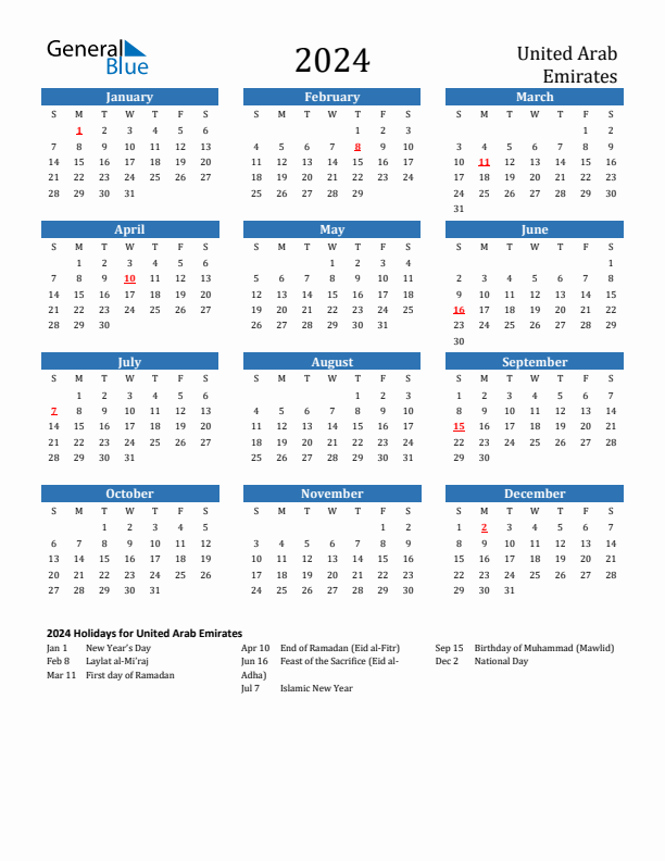 2024 United Arab Emirates Calendar With Holidays - Free Printable 2024 Calendar With Uae Holidays