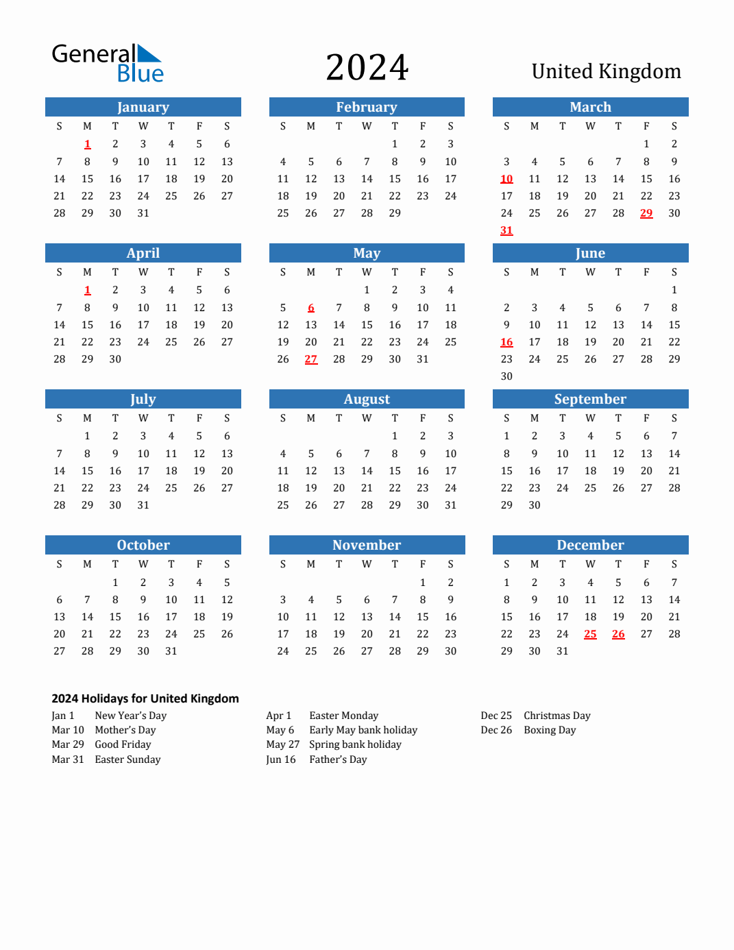 2024 United Kingdom Calendar With Holidays in Free Printable Calendar 2024 Uk Pdf
