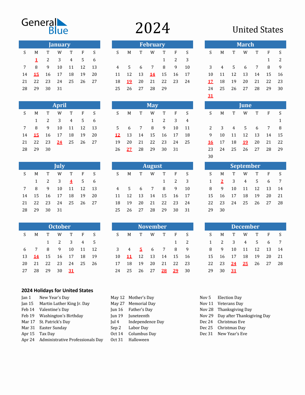 2024 United States Calendar With Holidays in Free Printable Calendar 2024 With Us Holidays