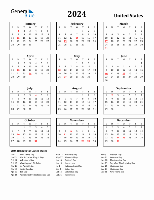 2024 United States Calendar With Holidays - Free Printable 2024 Calendar With Holidays United States