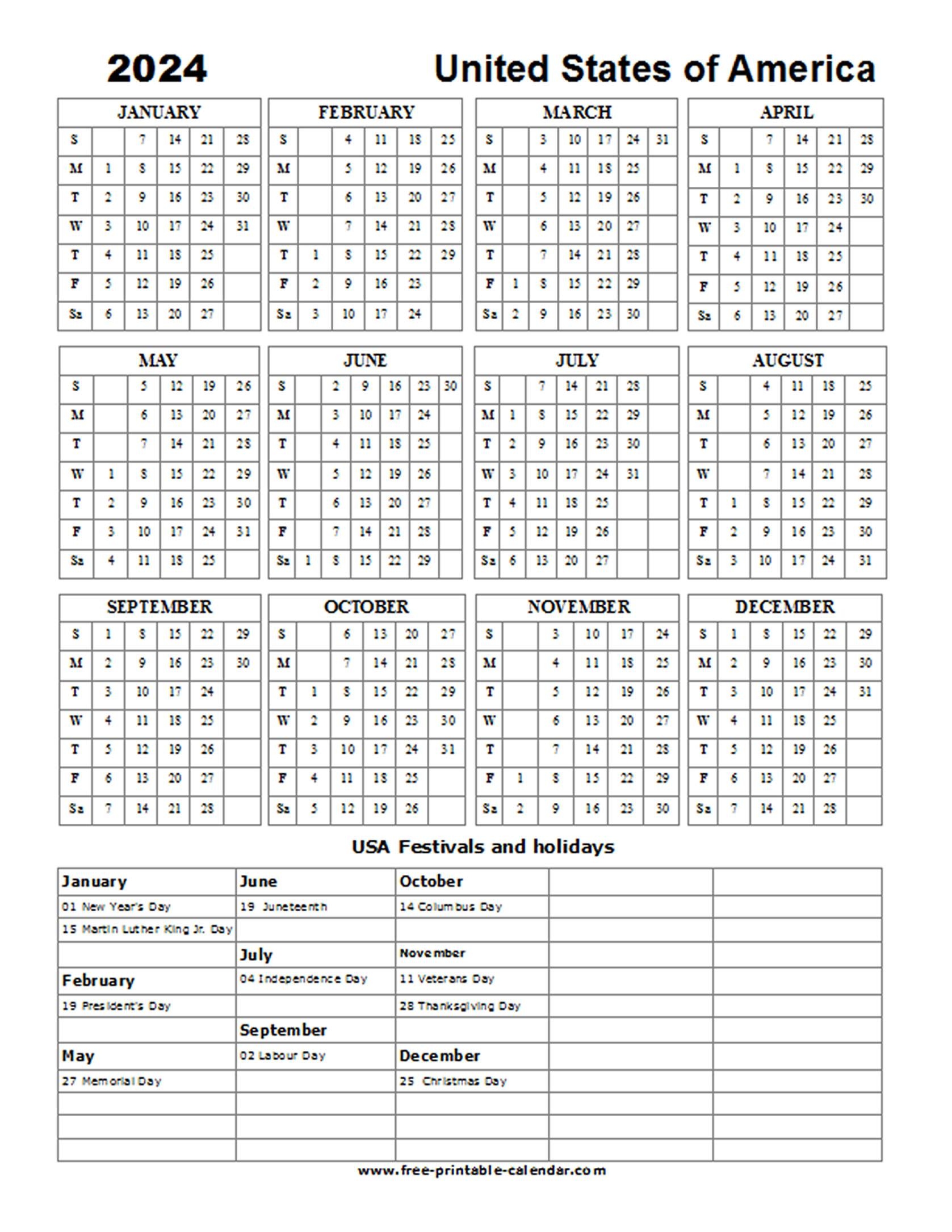 2024 Us Holiday Calendar - Free-Printable-Calendar in Free Printable Calendar 2024 Usa