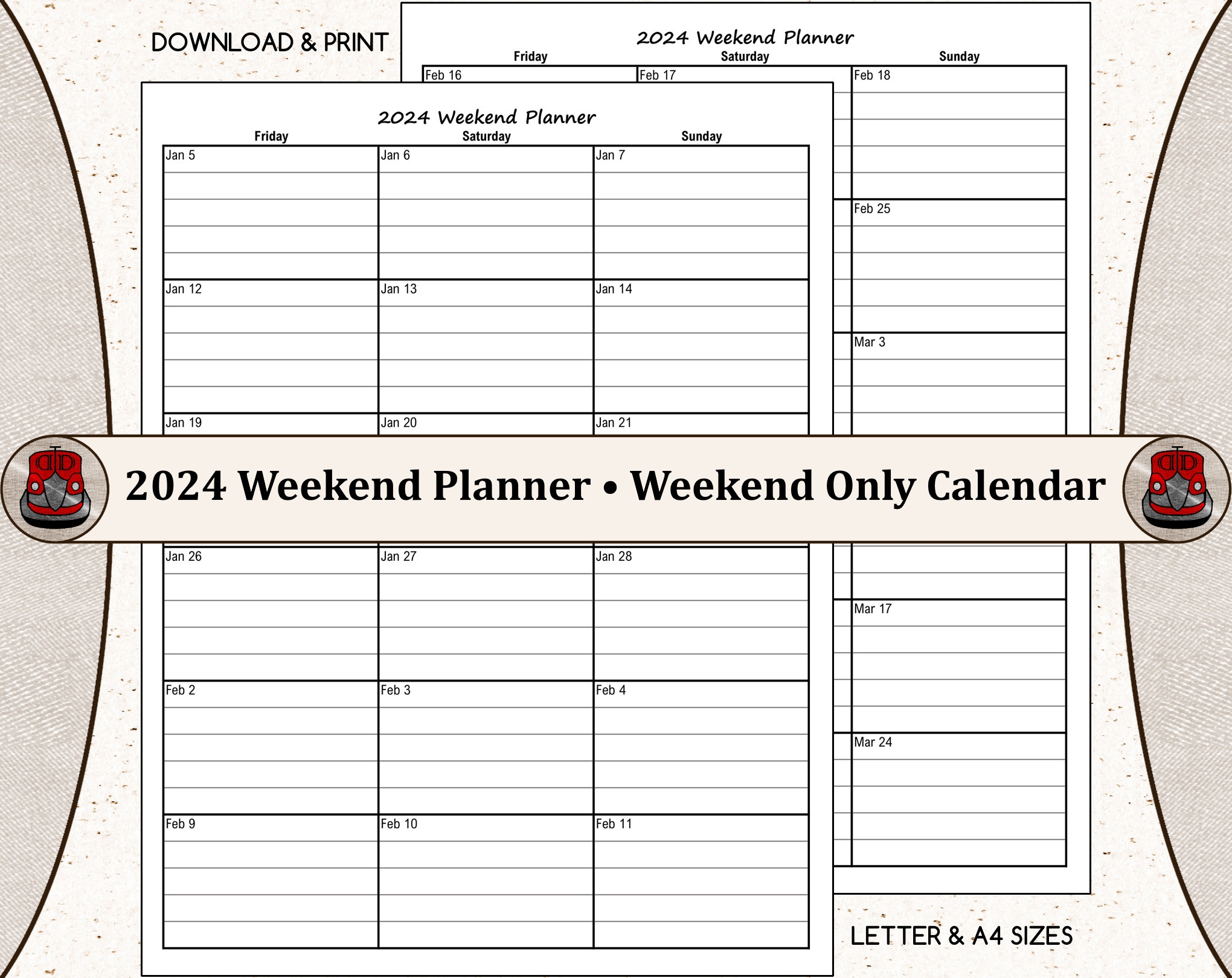 2024 Weekend Planner Weekend Only Calendar Us Letter And A4 Sizes for Free Printable Calendar 2024 Weekdays Only