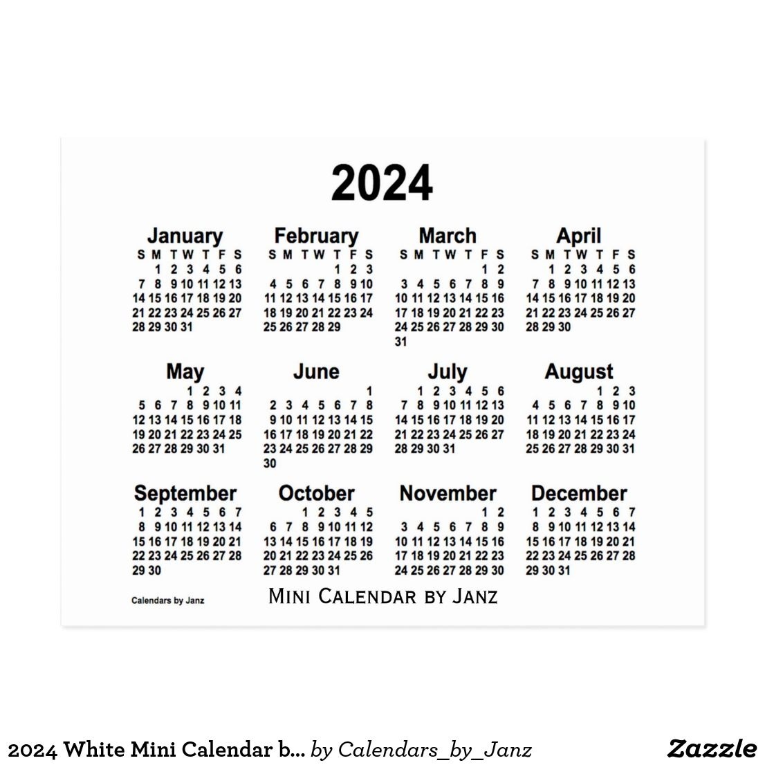 2024 White Mini Calendarjanz Postcard | Zazzle | Mini within Free Printable Calendar 2024 Pinterest