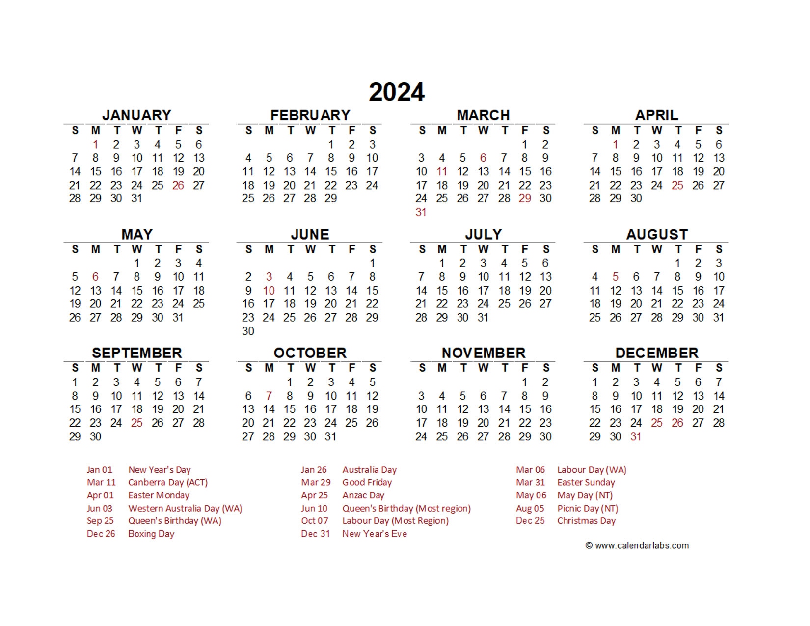 2024 Year At A Glance Calendar With Australia Holidays Free Printable - Free Printable 2024 Calendar Hong Kong Public Holidays