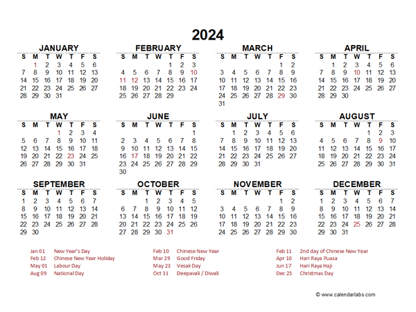 2024 Year At A Glance Calendar With Singapore Holidays Free Printable - Free Printable 2024 Calendar With Holidays Singapore
