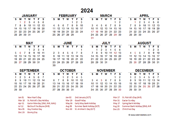 2024 Year At A Glance Calendar With UK Holidays Free Printable Templates | Free Printable 2024 Calendar With UK Holidays