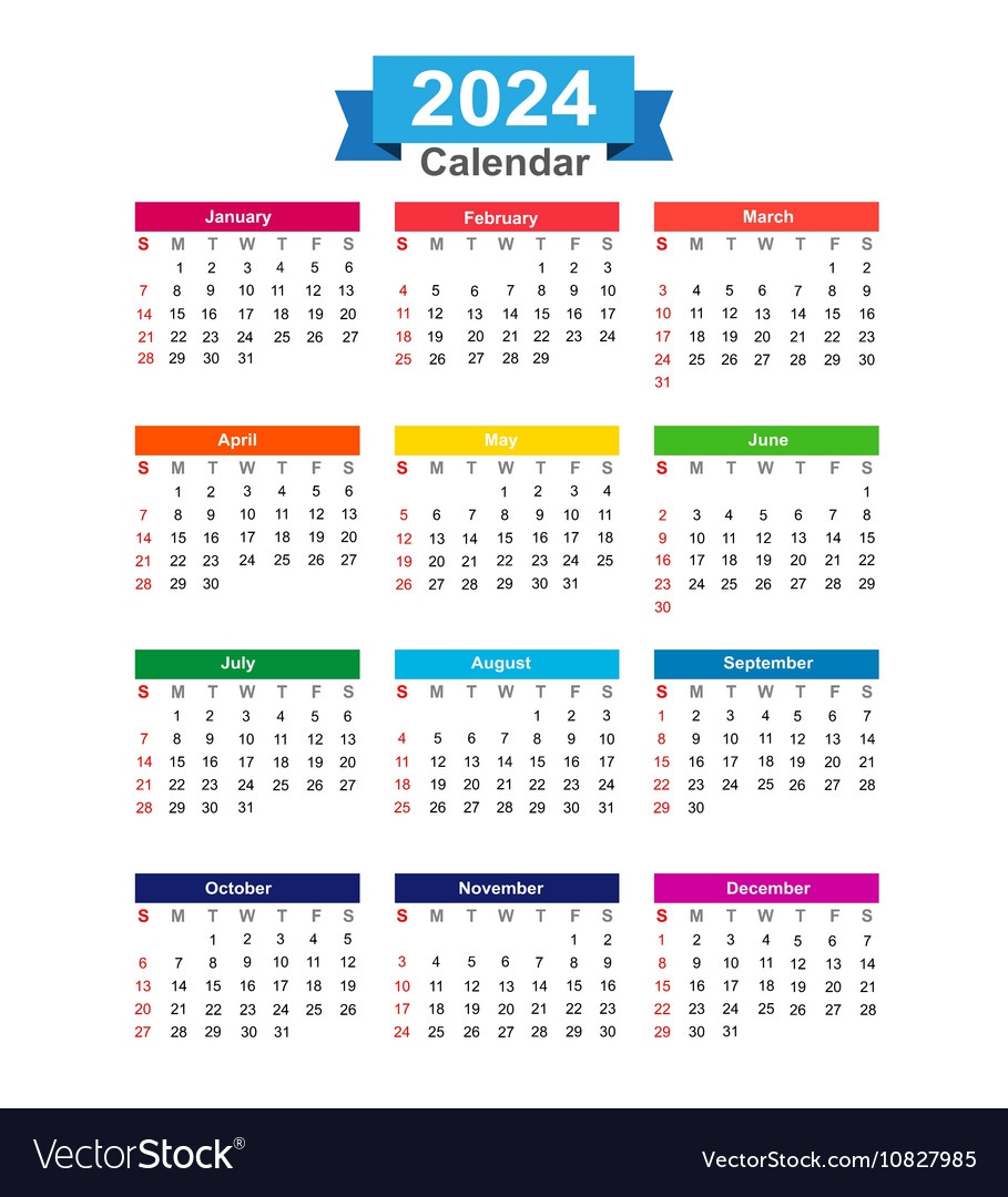 2024 Year Calendar Isolated On White Background Vector Image - Free Printable 2024 Yearly Calendar With Holidays No Download