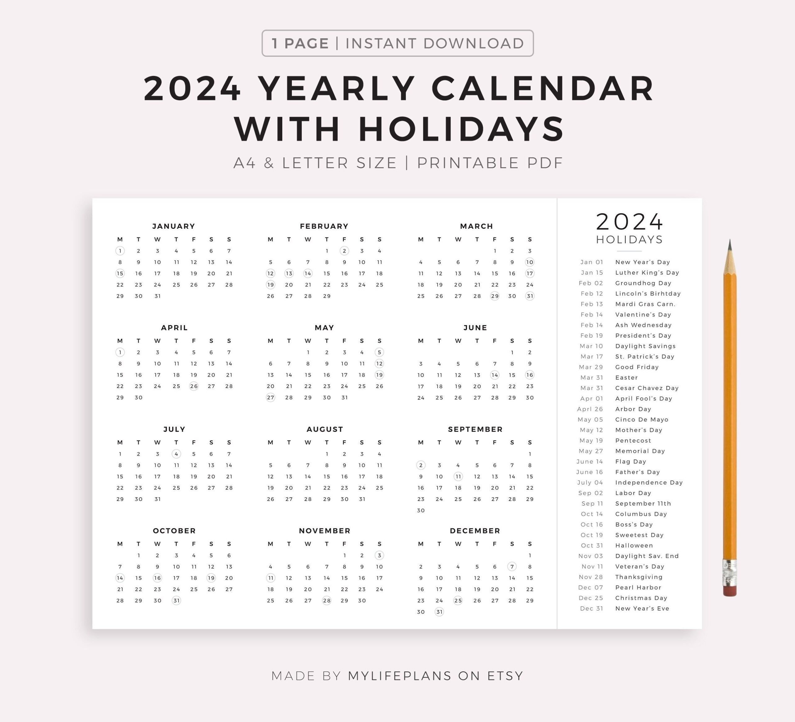 2024 Year Calendar With Holidays On One Page, Printable, Landscape with Free Printable Calendar 2024 Nz With Public Holidays