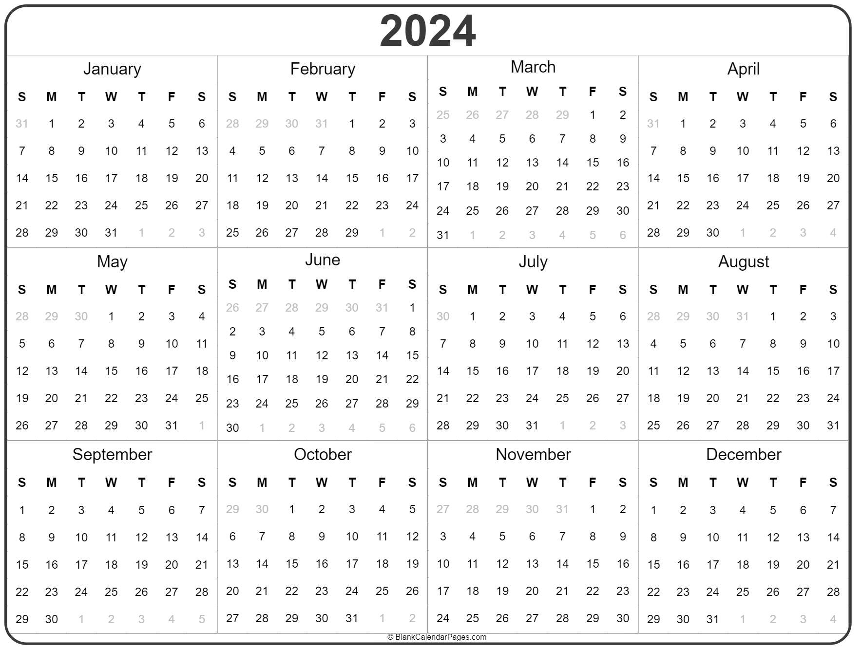 2024 Year Calendar | Yearly Printable in Free Printable Blank Year Calendar Template 2024
