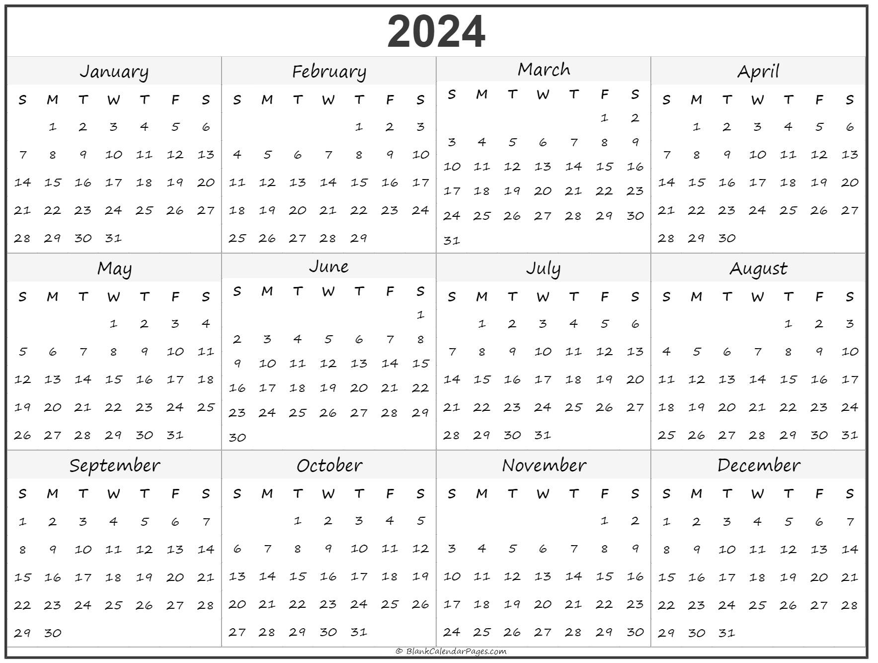 2024 Year Calendar | Yearly Printable inside Free Printable Blank Year Calendar Template 2024