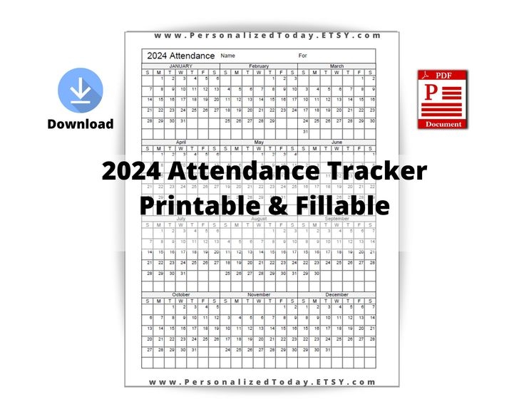 2024 Yearly Attendance Calendar Fillable And Print And Write Etsy - Free Printable 2024 Employee Attendance Calendar Ppe