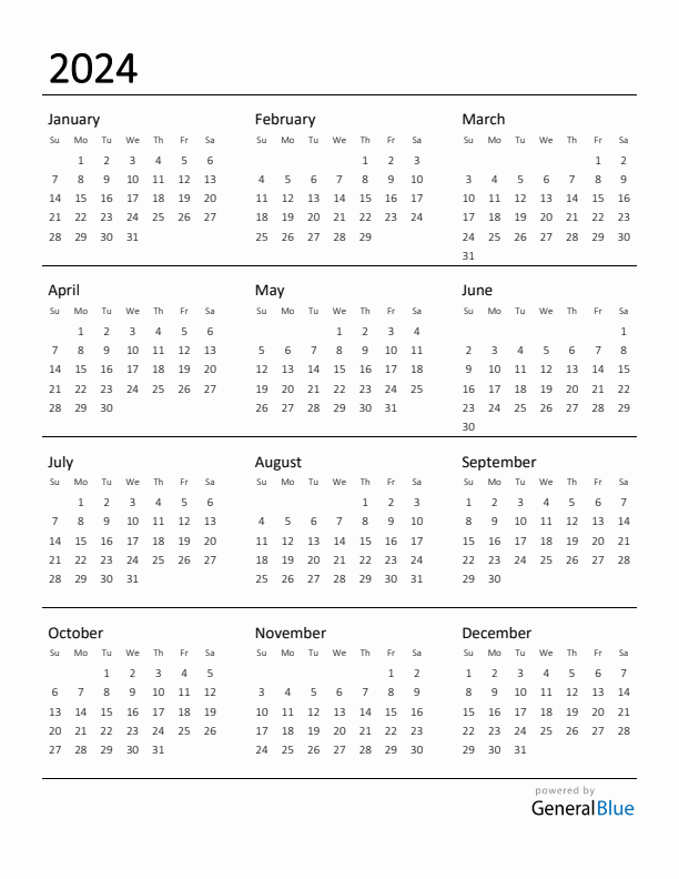 2024 Yearly Calendar Printable Free Pdf One Page Linda Paulita - Free Printable 2024 Full Year Calendar Printable