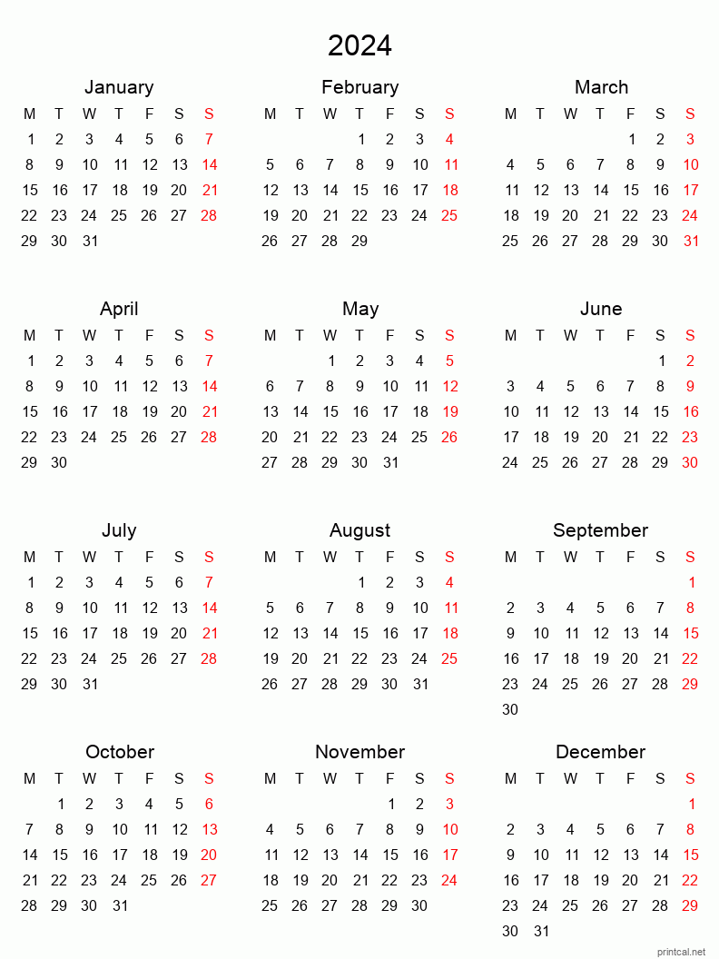 2024 Yearly Calendar Printable Pdf Free Download Printable Online - Free Printable 2024 Yearly Calendar With Holidays Time And Date