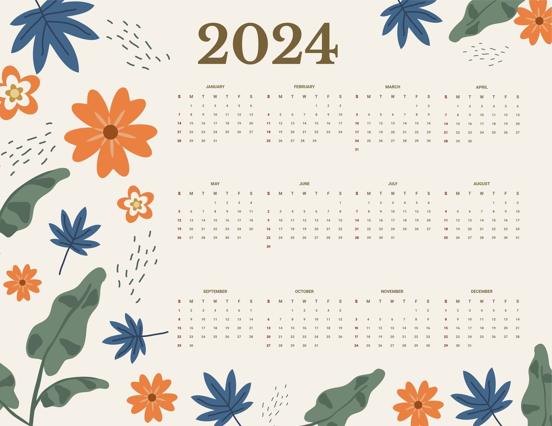 2024 Yearly Calendar Printable - Free Printable 2024 Calendar Pretty