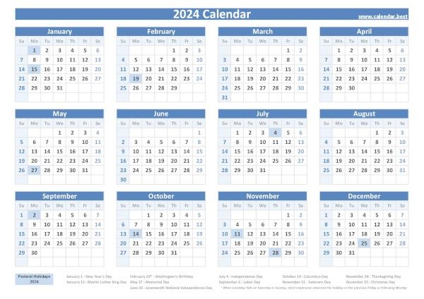 2024 Yearly Calendar Template With Holidays Dusty Glynnis - Free Printable 2024 Monthly Calendar With Holidays Landscape