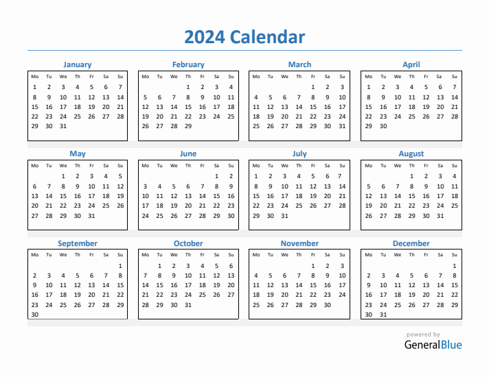 2024 Yearly Calendar Templates With Monday Start