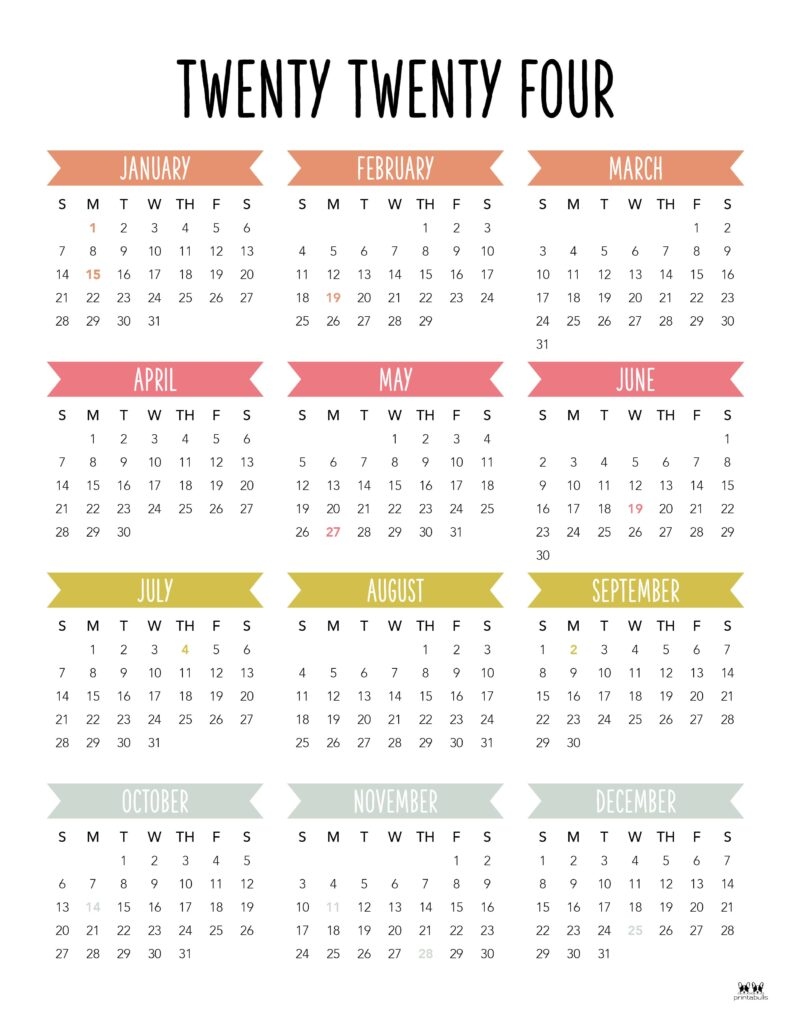 2024 Yearly Calendars - 29 Free Printables | Printabulls for Free Printable Calendar 2024 Full Year