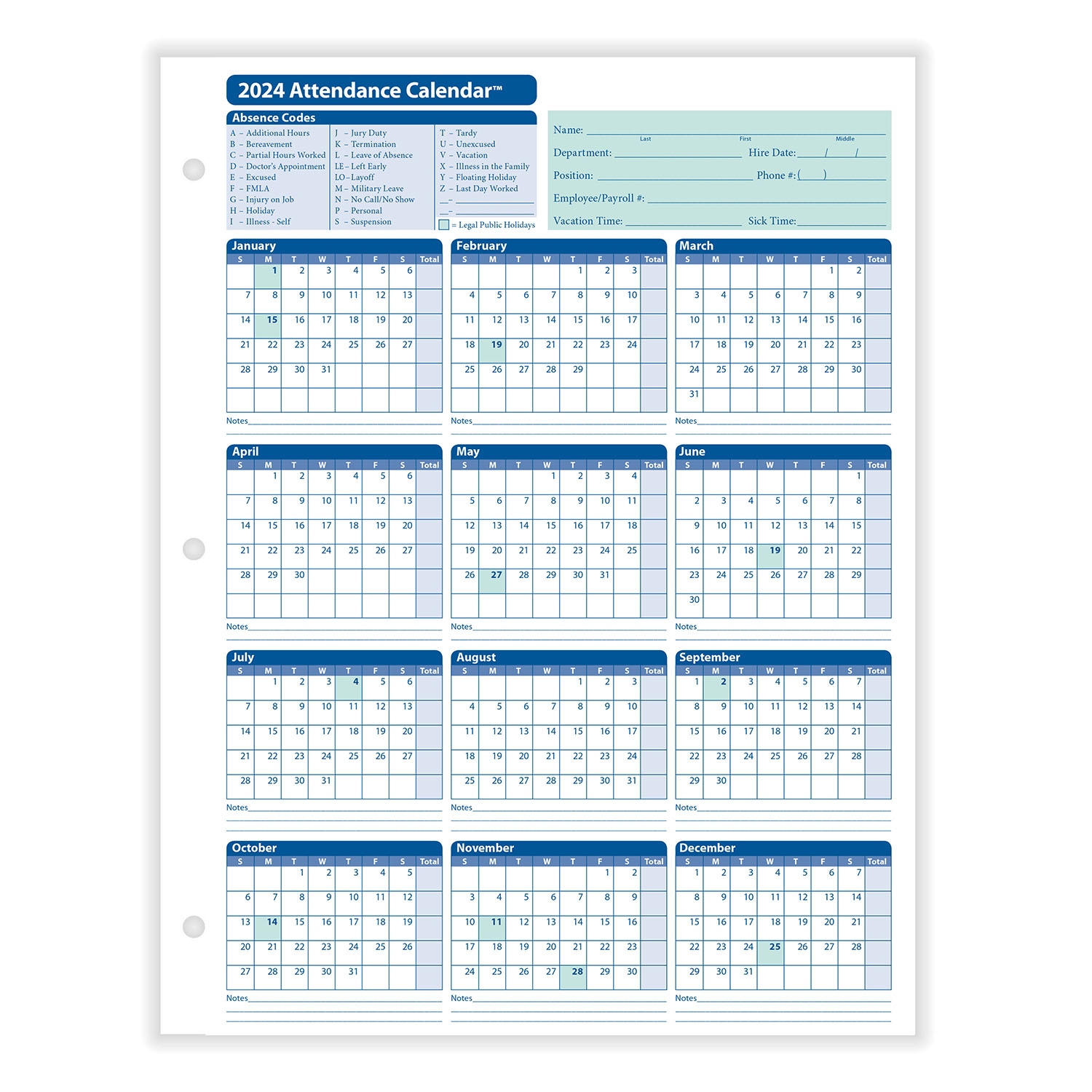 2024 Yearly Employee Attendance Calendar | Yearly Calendar | Hrdirect regarding Free Printable Attendance Calendar 2024-2025