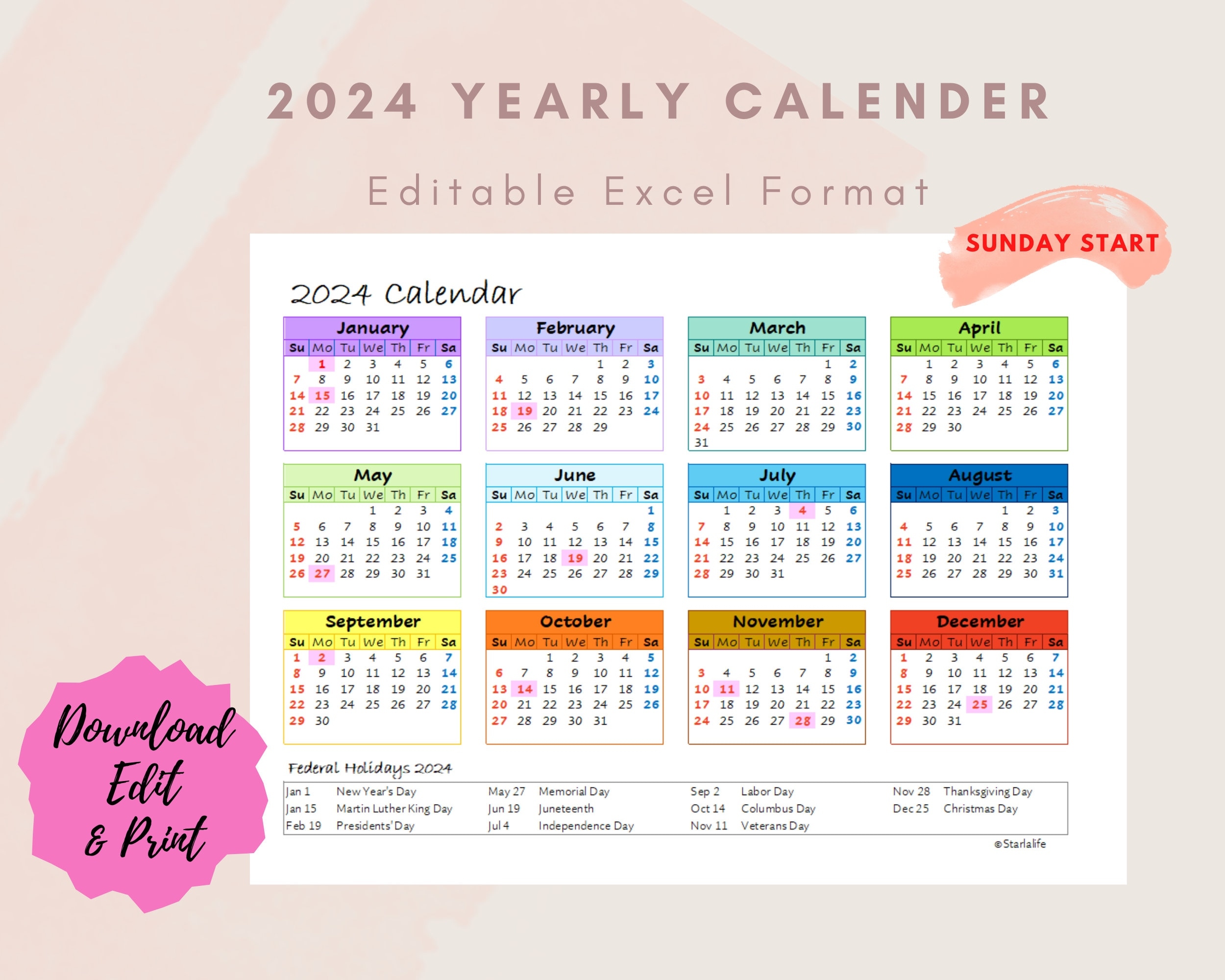 2024 Yearly One Page Excel Calendar pertaining to Free Printable Calendar 2024 Hong Kong